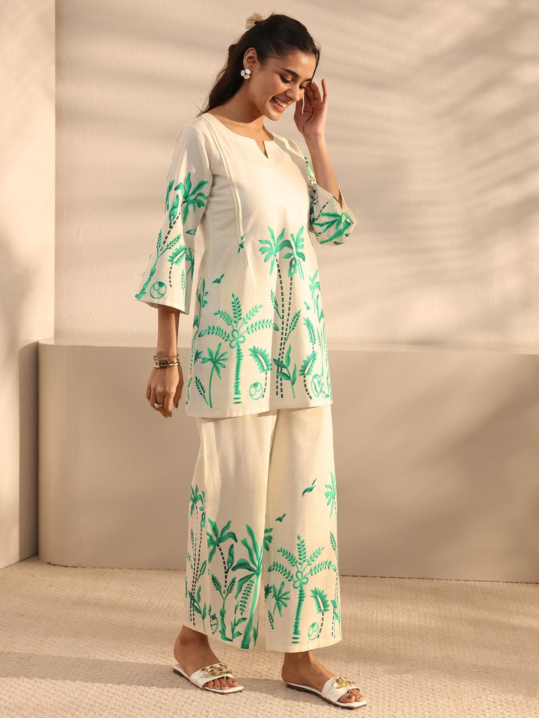 Off White Tropical Printed Cotton Co-Ord Set