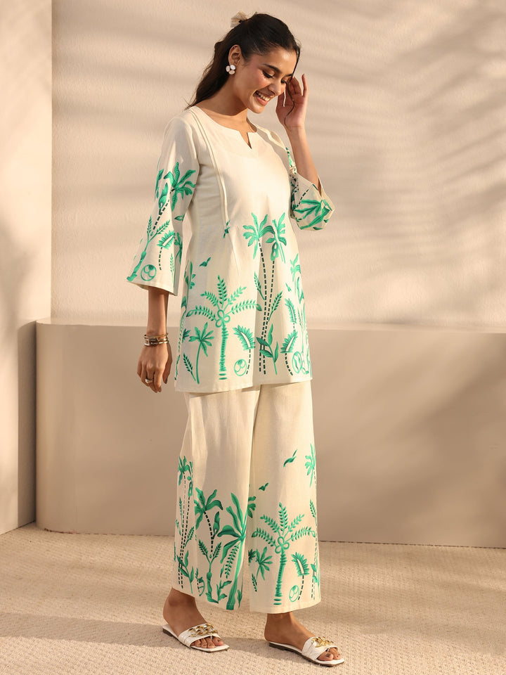Off White Tropical Printed Cotton Co-Ord Set