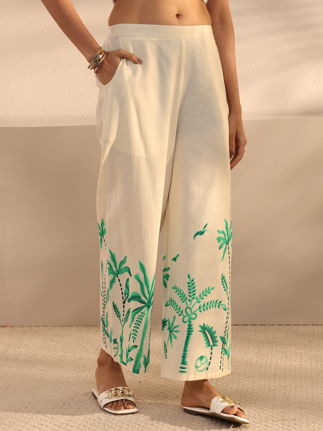 Off White Tropical Printed Cotton Co-Ord Set
