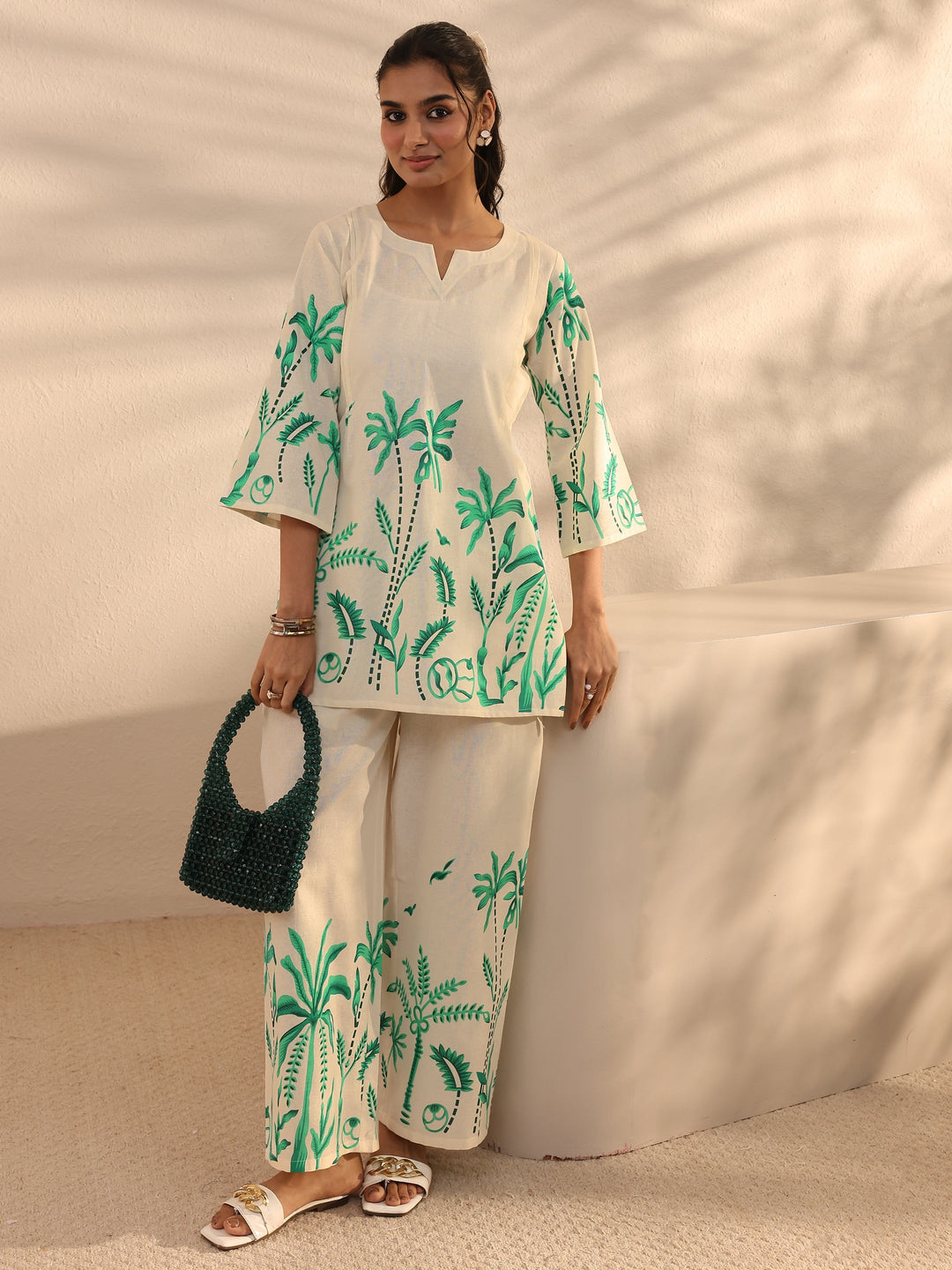 Off White Tropical Printed Cotton Co-Ord Set