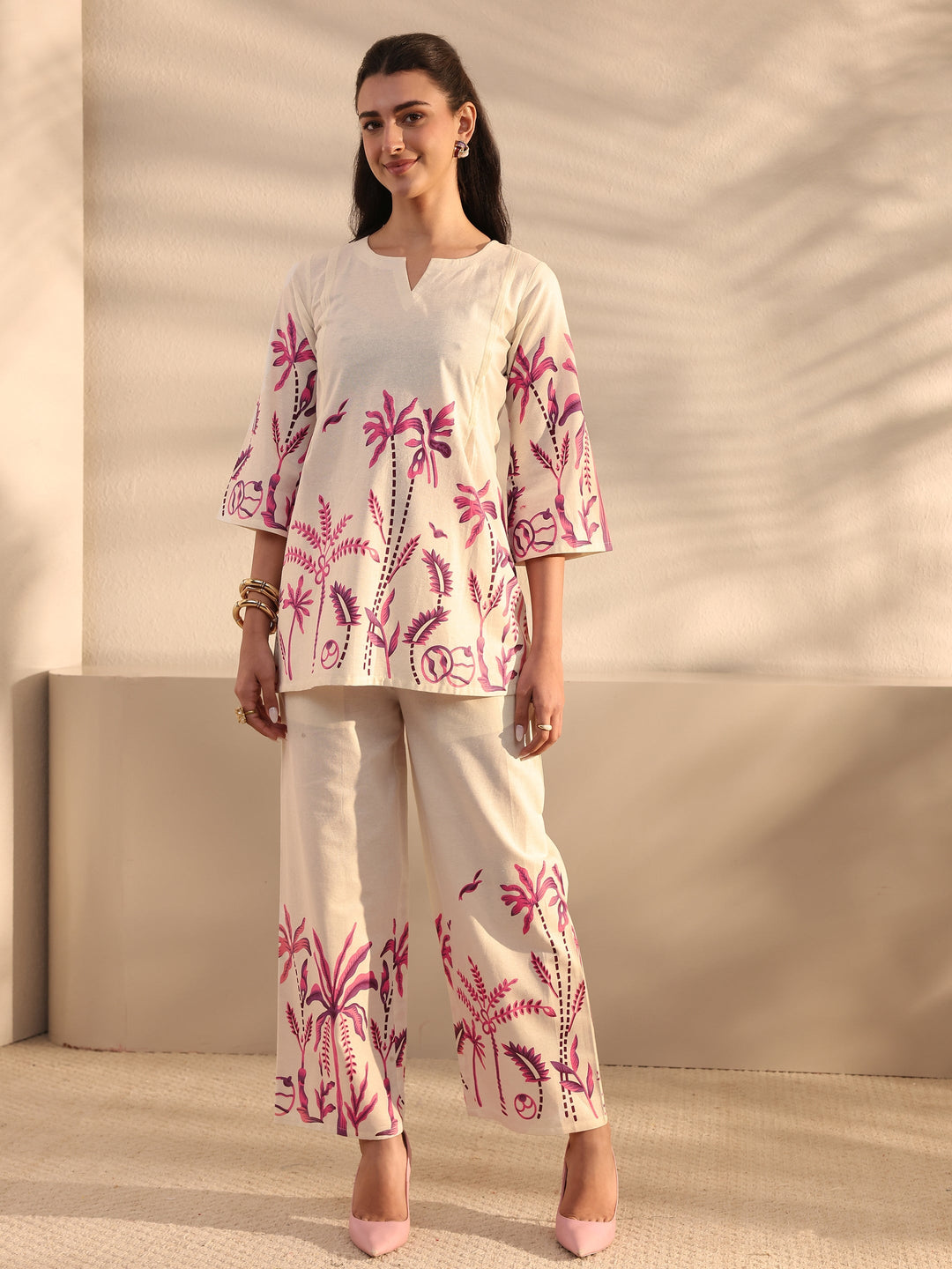 Off White Tropical Printed Cotton Co-Ord Set