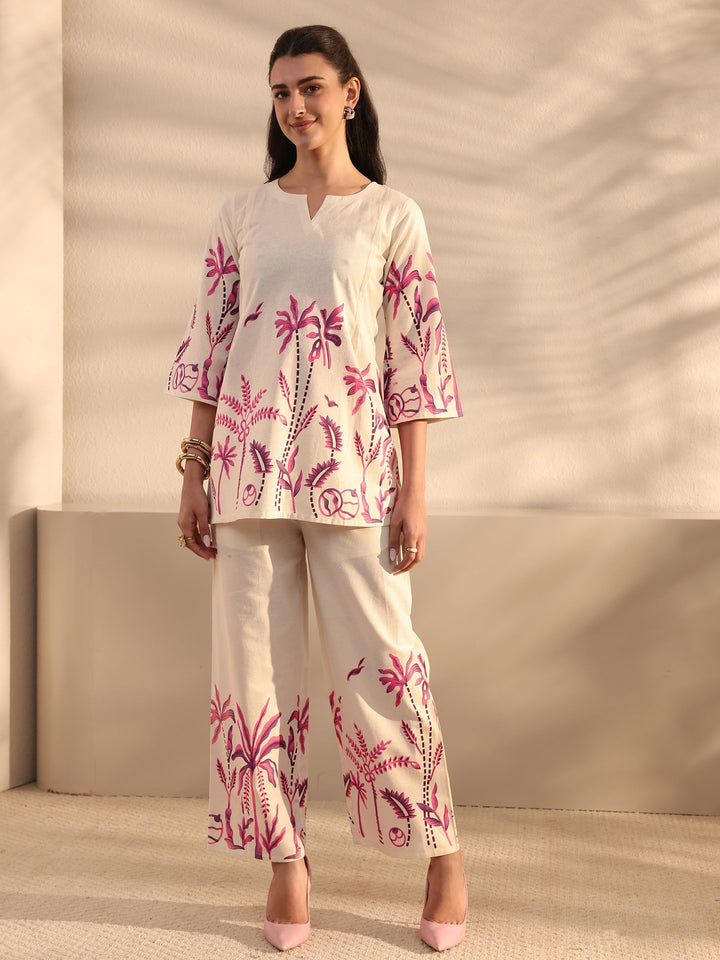Off White Tropical Printed Cotton Co-Ord Set