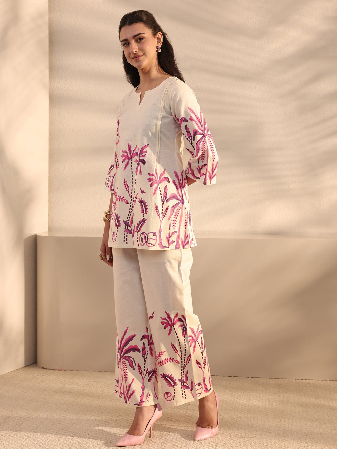 Off White Tropical Printed Cotton Co-Ord Set