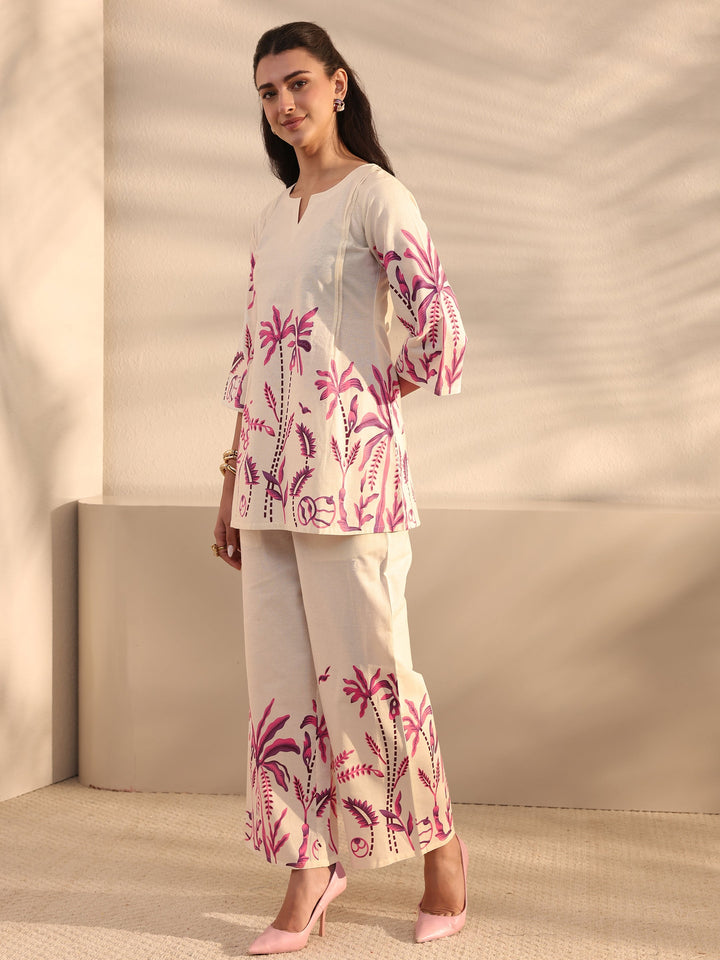 Off White Tropical Printed Cotton Co-Ord Set