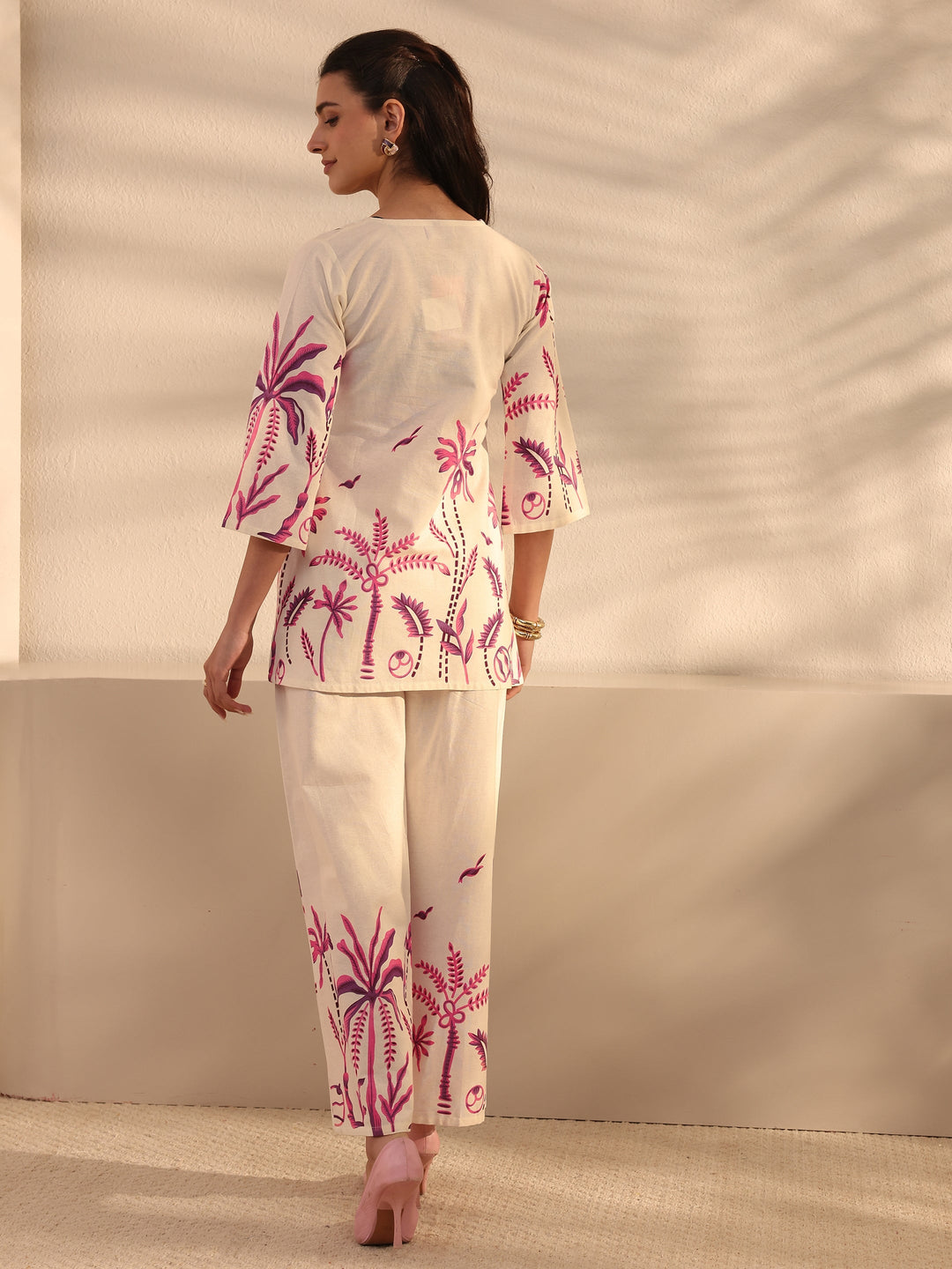 Off White Tropical Printed Cotton Co-Ord Set