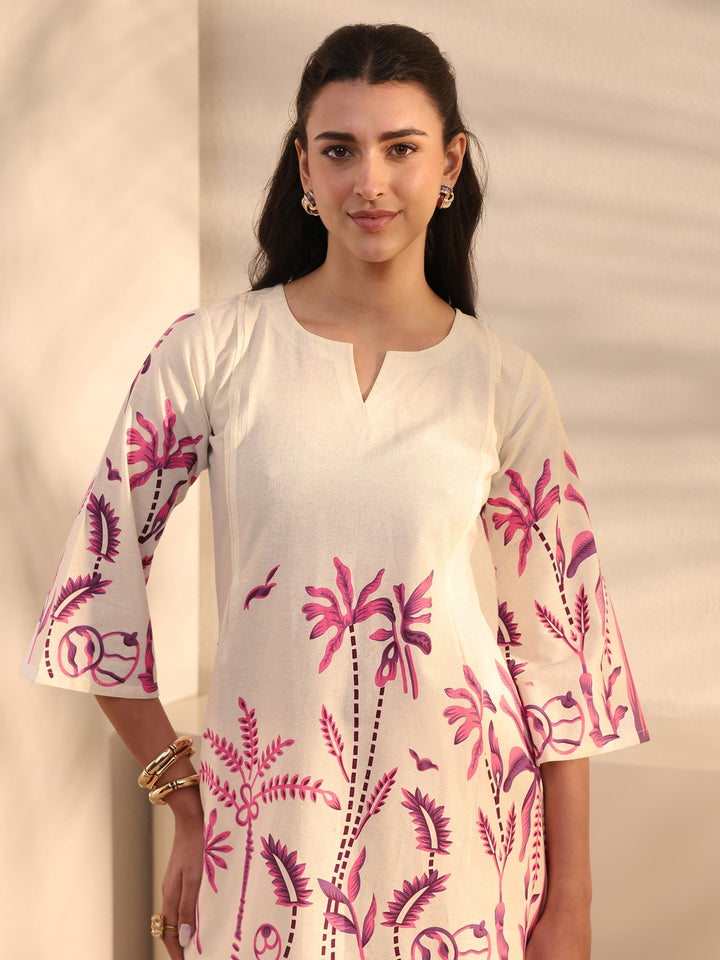 Off White Tropical Printed Cotton Co-Ord Set