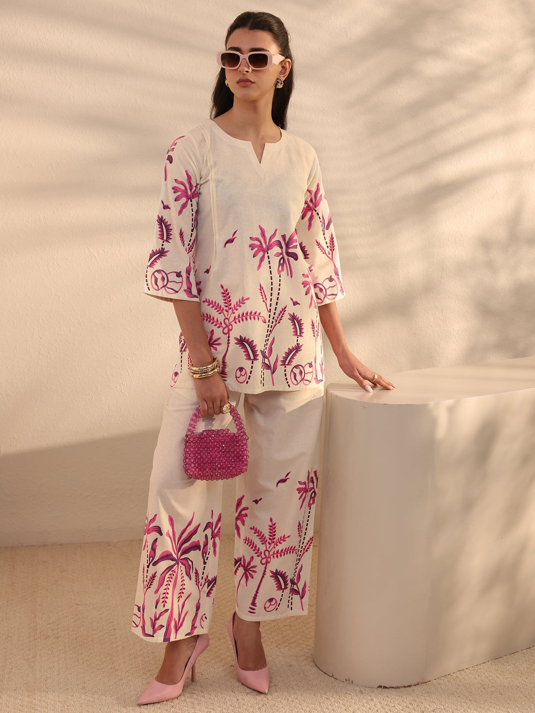 Off White Tropical Printed Cotton Co-Ord Set