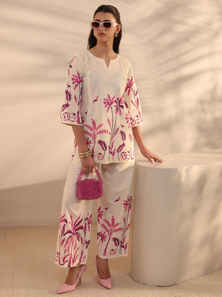 Off White Tropical Printed Cotton Co-Ord Set