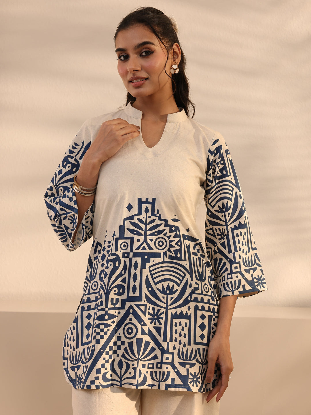Off White Ethnic Motifs Printed Cotton Co-Ord Set