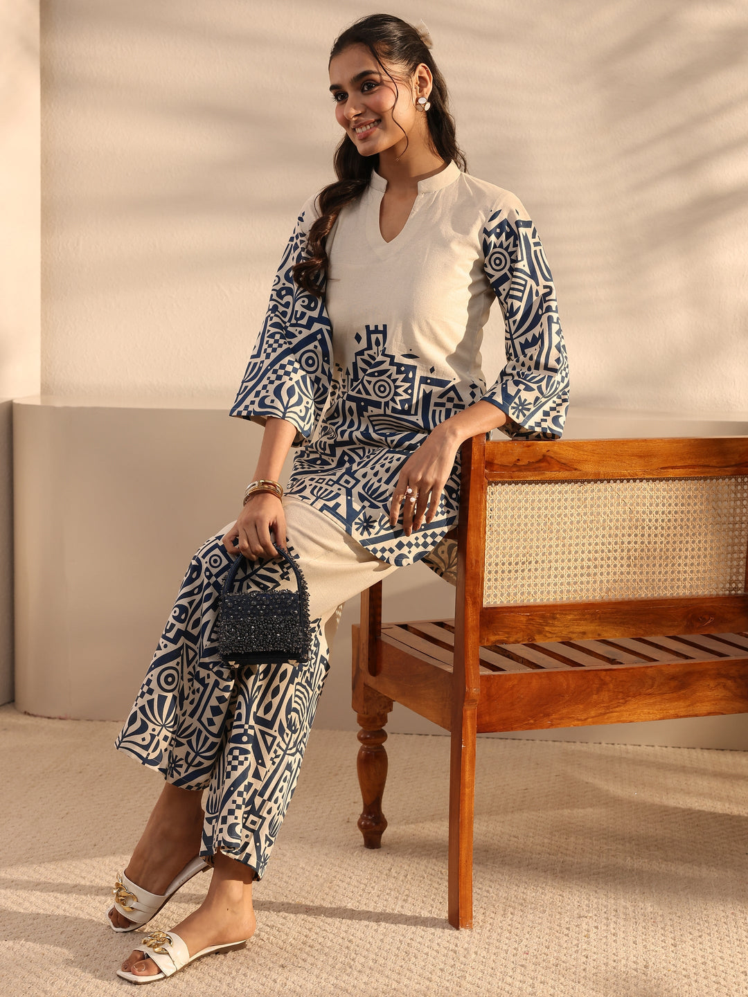 Off White Ethnic Motifs Printed Cotton Co-Ord Set