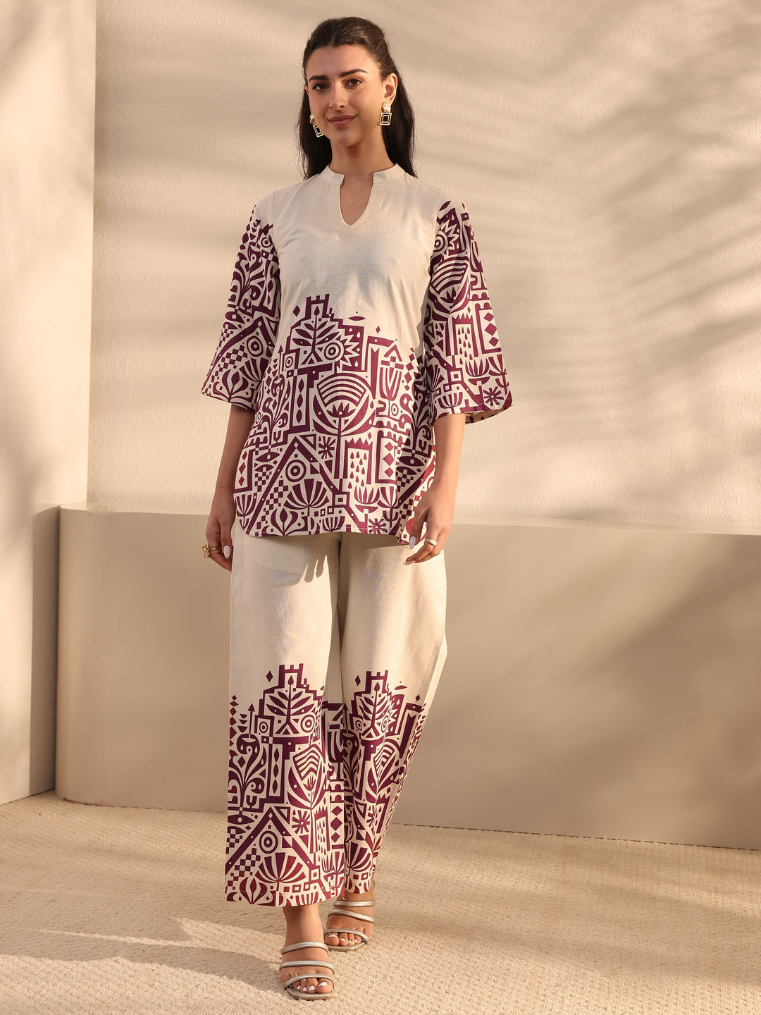 Off White Ethnic Motifs Printed Cotton Co-Ord Set