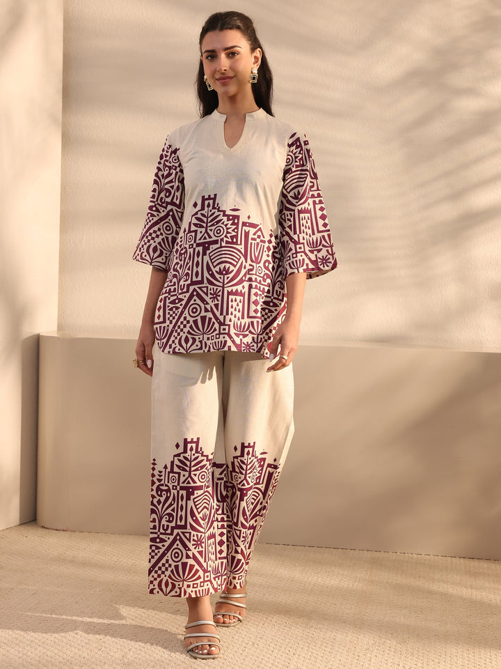 Off White Ethnic Motifs Printed Cotton Co-Ord Set
