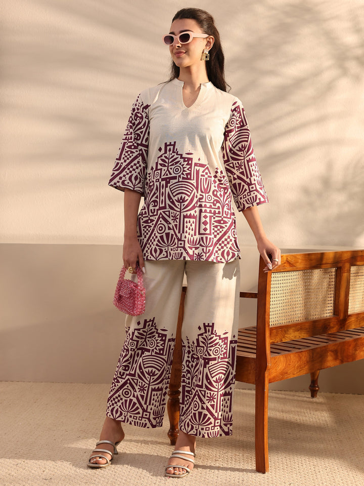 Off White Ethnic Motifs Printed Cotton Co-Ord Set
