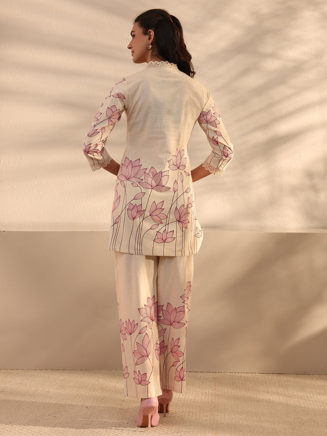 Off White Floral Printed Cotton Co-Ord Set