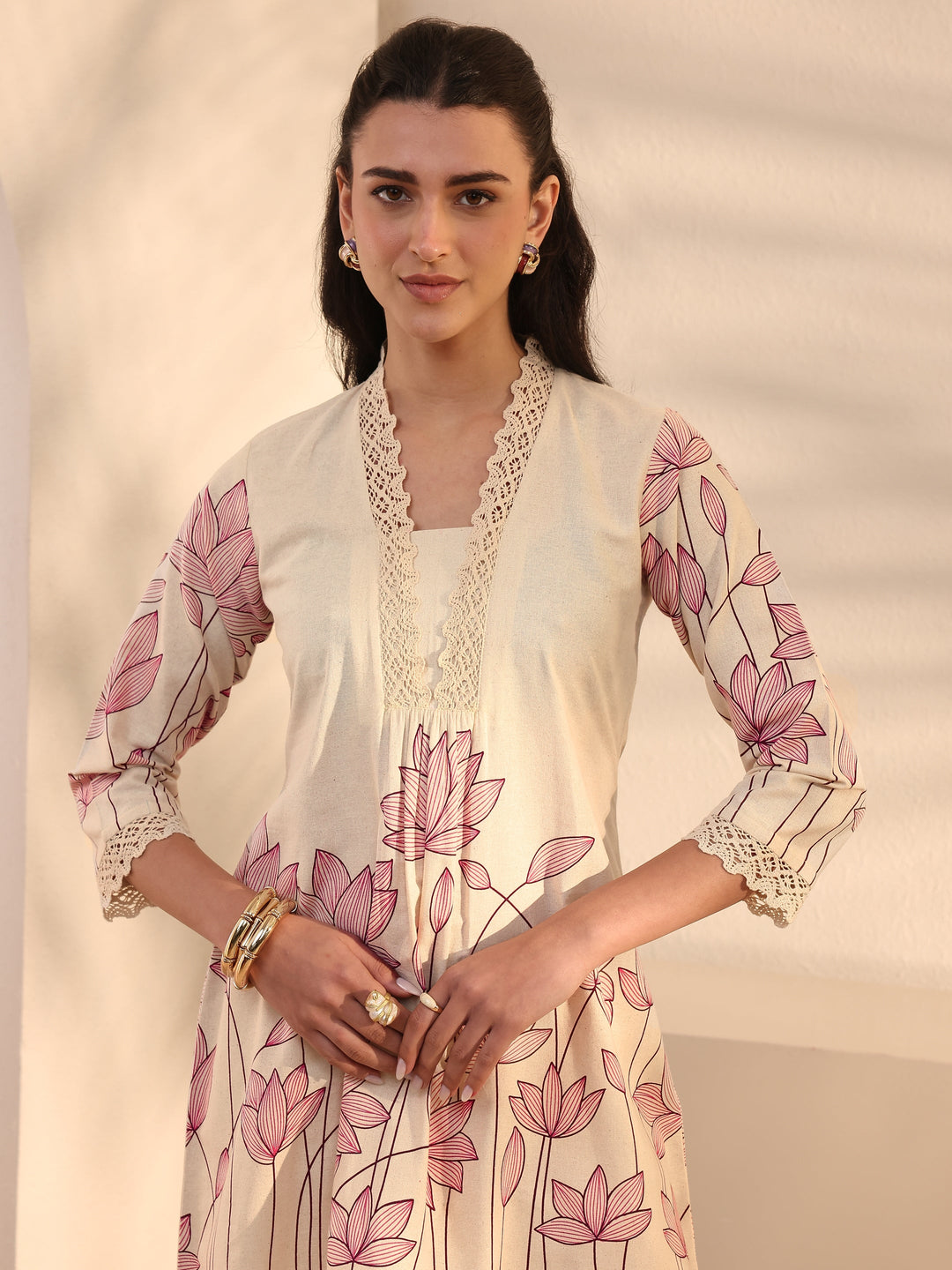 Off White Floral Printed Cotton Co-Ord Set