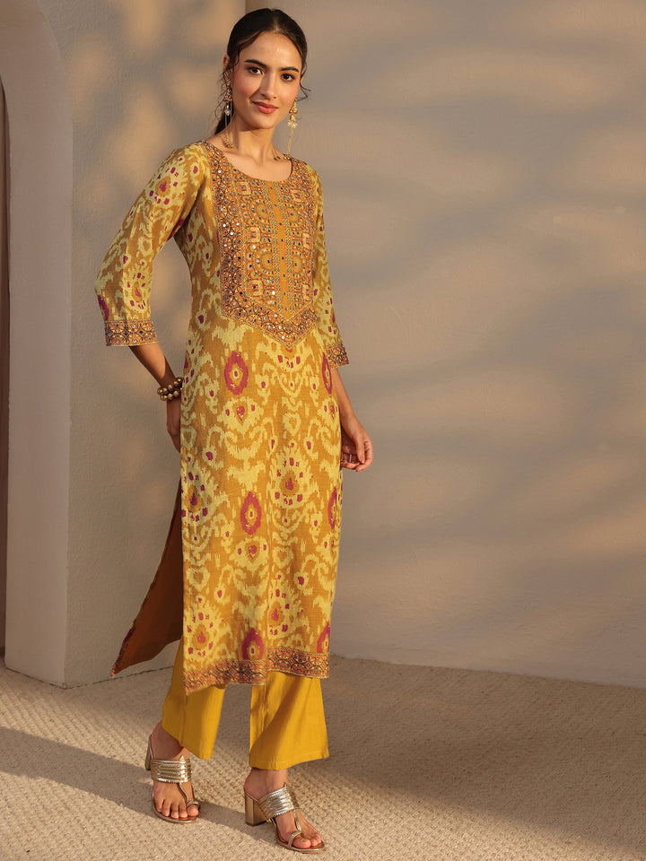Mustard Printed Cotton Blend Straight Suit Set With Dupatta