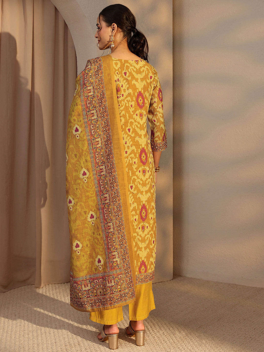 Mustard Printed Cotton Blend Straight Suit Set With Dupatta