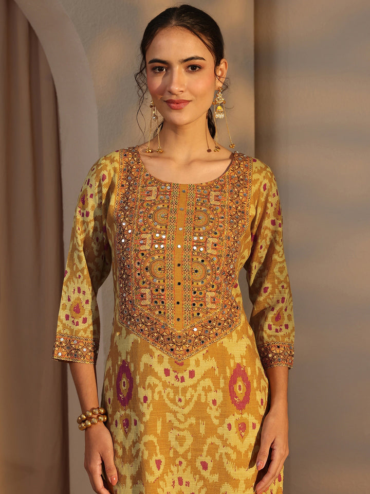 Mustard Printed Cotton Blend Straight Suit Set With Dupatta