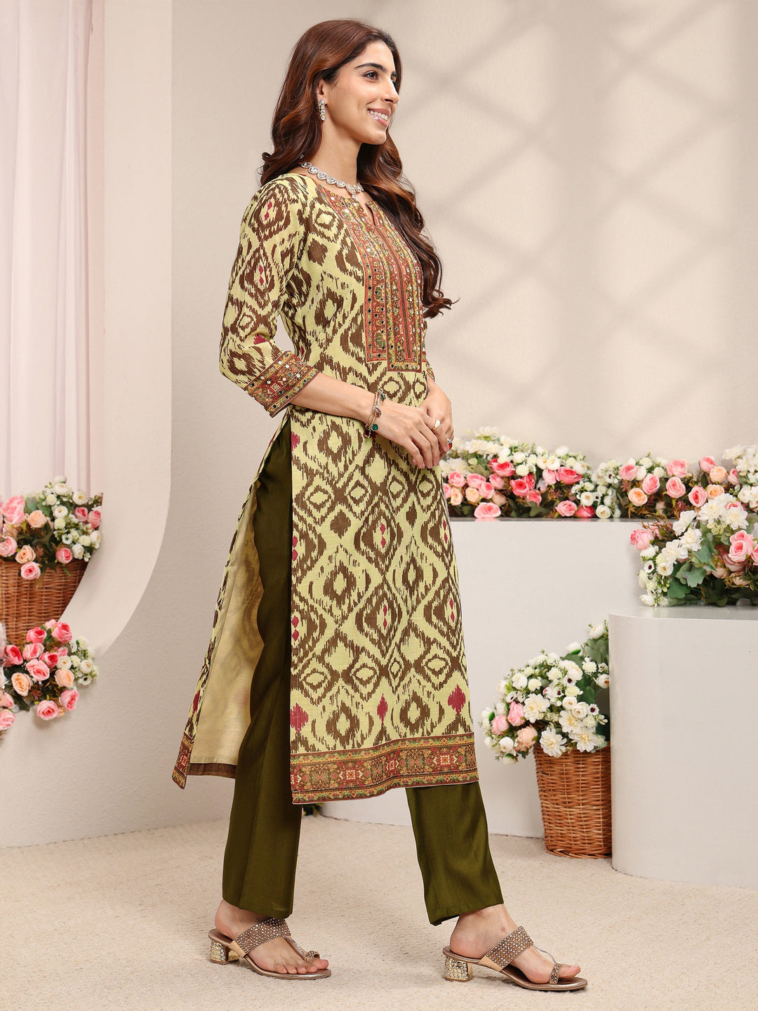 Green Ikat Printed Mirror Work Cotton Blend Straight Suit Set With Dupatta