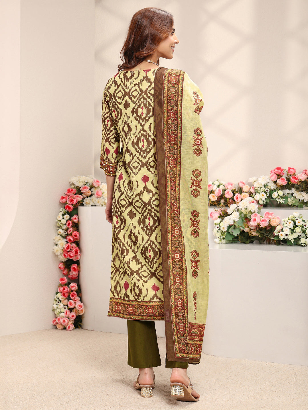 Green Ikat Printed Mirror Work Cotton Blend Straight Suit Set With Dupatta