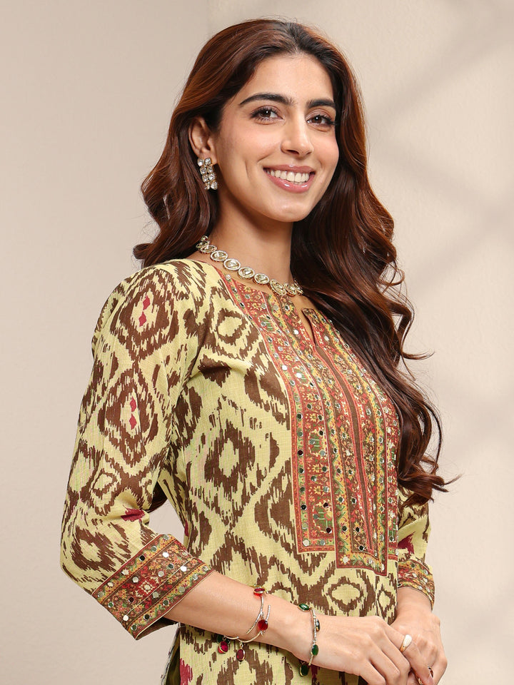 Green Ikat Printed Mirror Work Cotton Blend Straight Suit Set With Dupatta