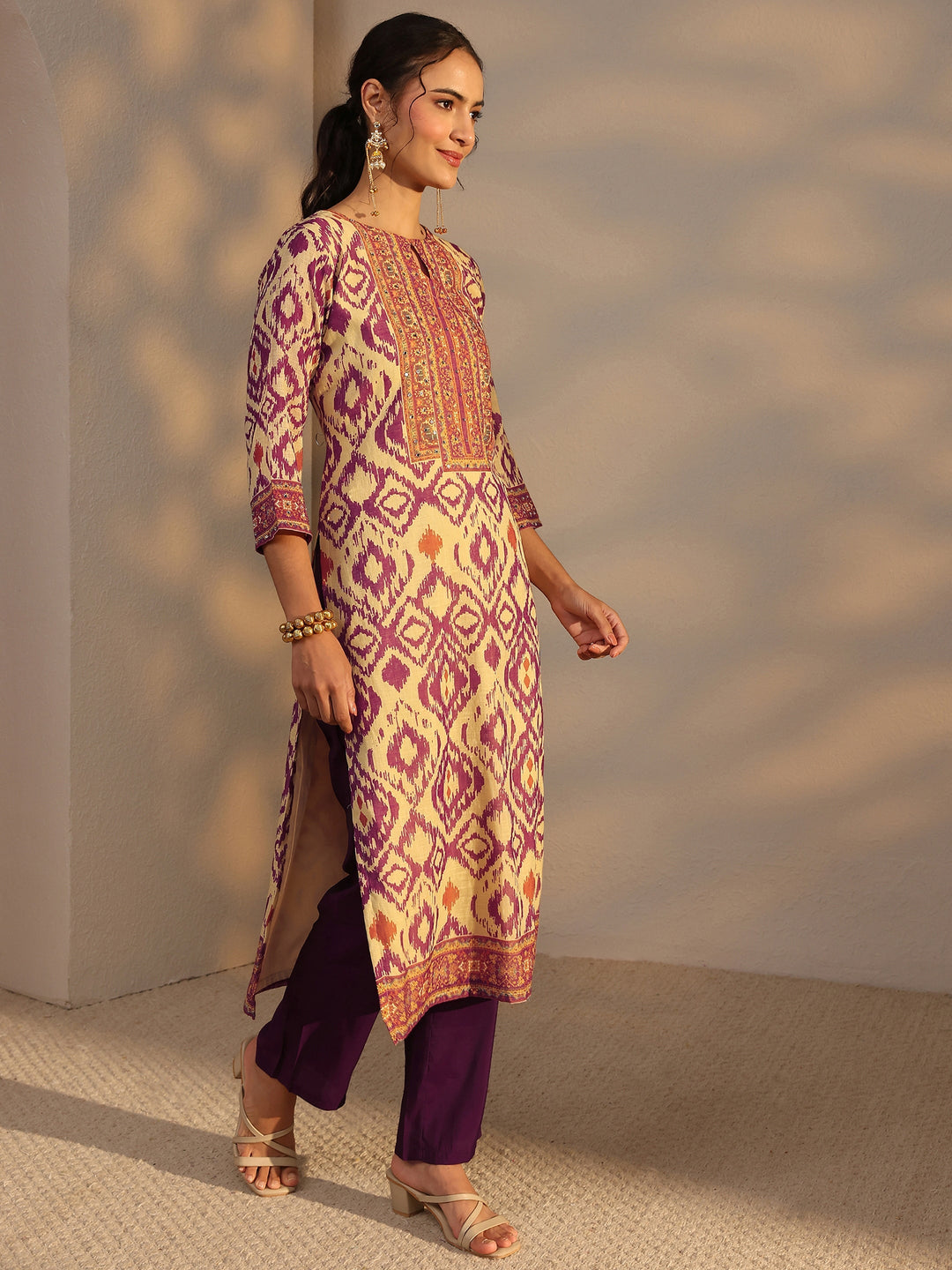 Purple Printed Cotton Blend Straight Suit Set With Dupatta