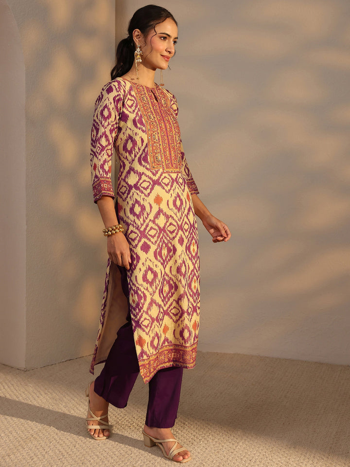 Purple Printed Cotton Blend Straight Suit Set With Dupatta