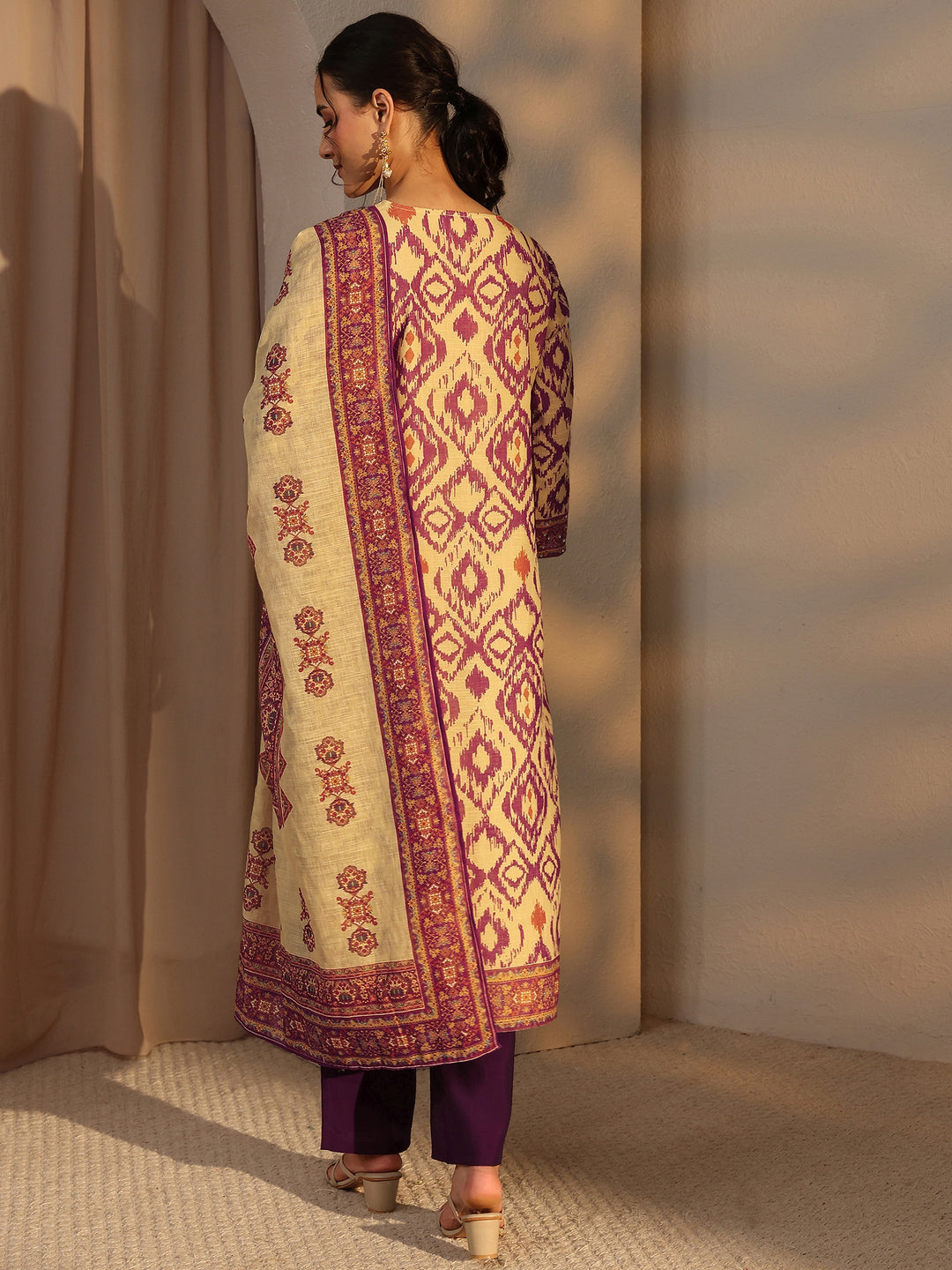 Purple Printed Cotton Blend Straight Suit Set With Dupatta