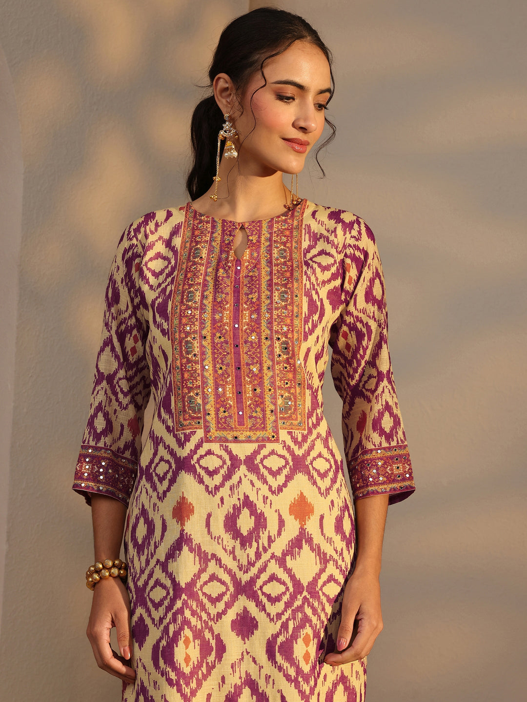 Purple Printed Cotton Blend Straight Suit Set With Dupatta