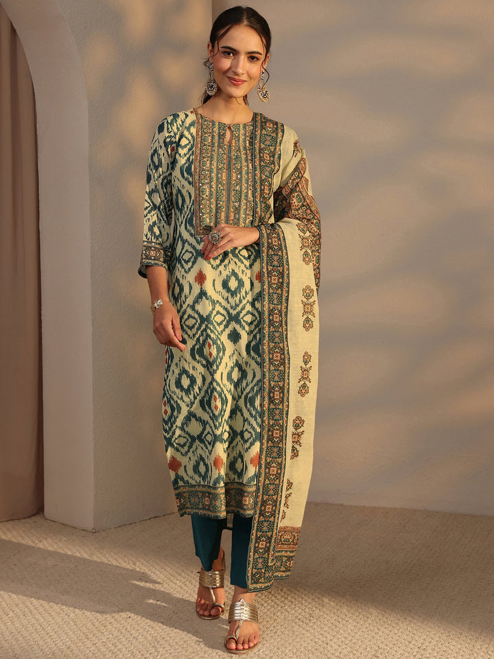 Blue Printed Cotton Blend Straight Suit Set With Dupatta