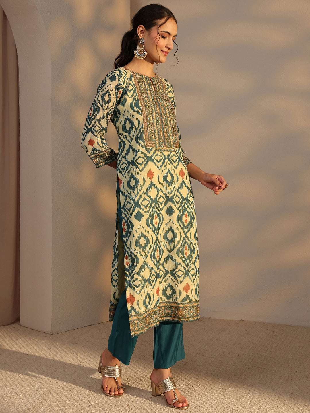Blue Printed Cotton Blend Straight Suit Set With Dupatta