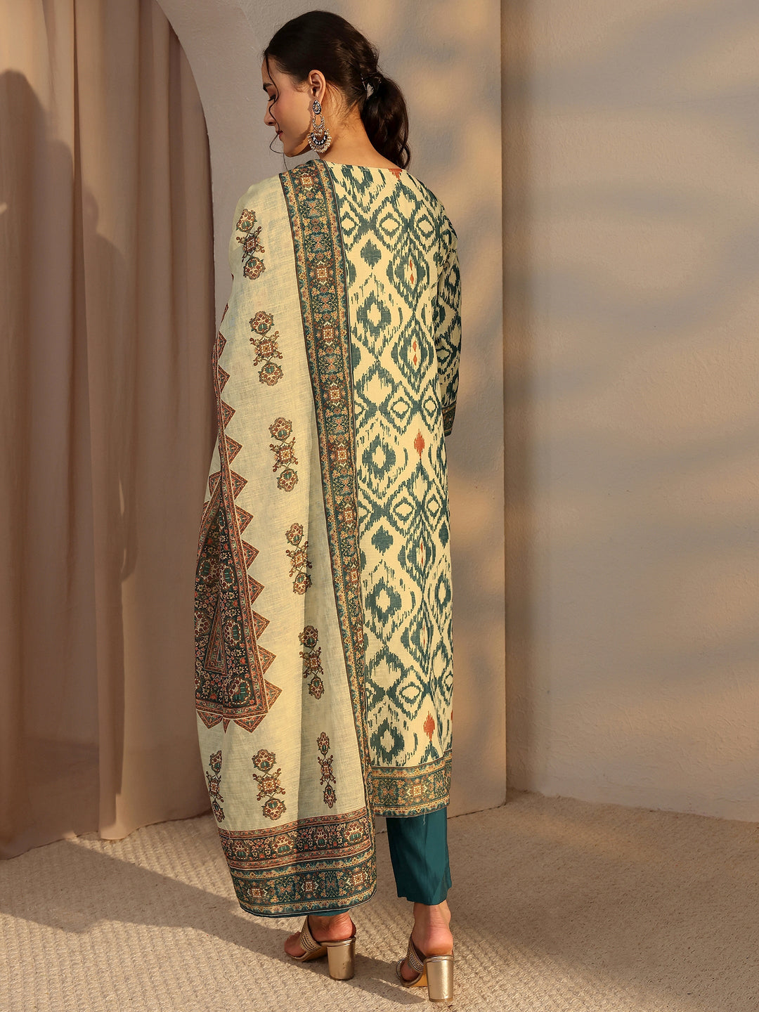 Blue Printed Cotton Blend Straight Suit Set With Dupatta