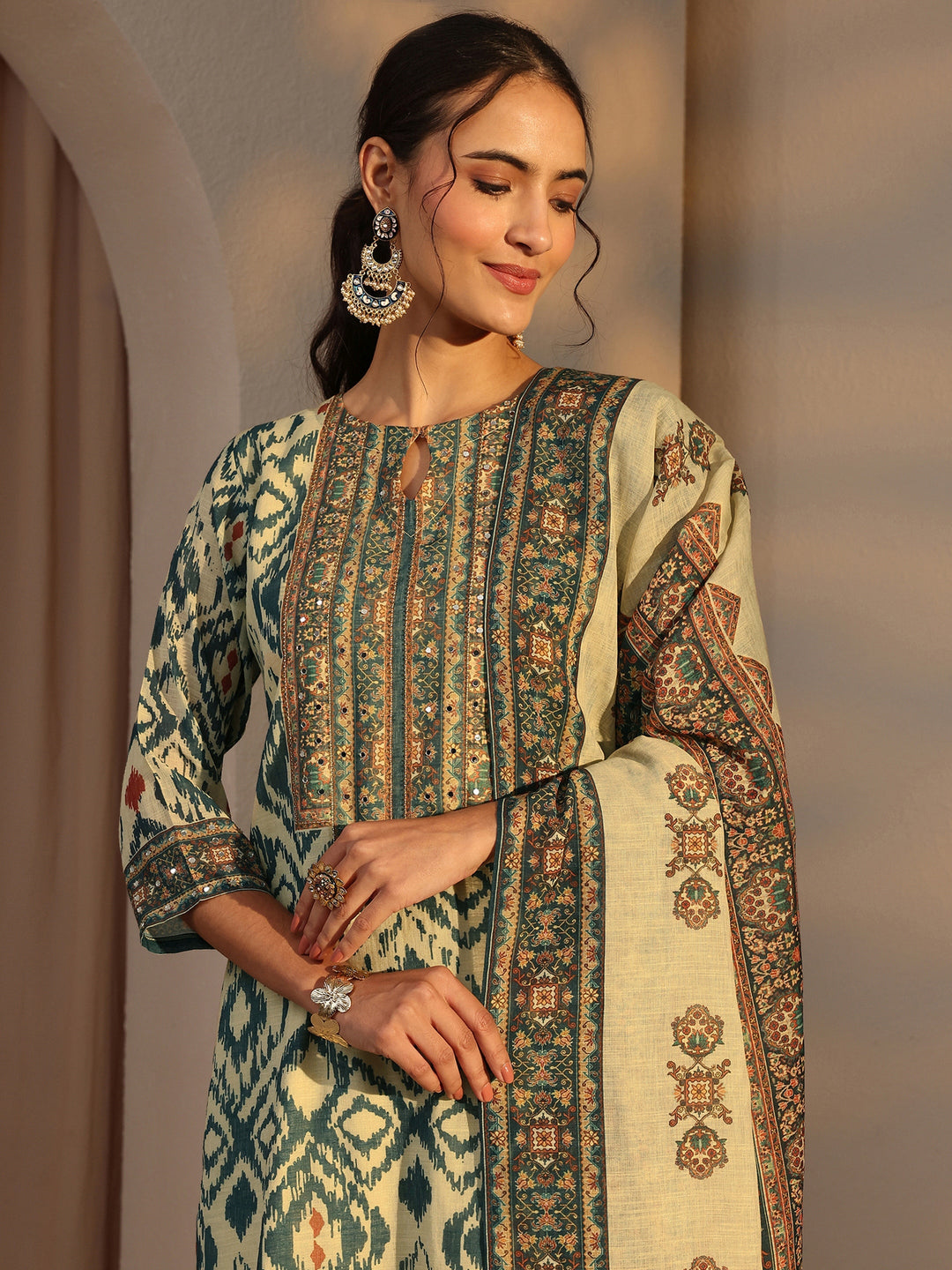 Blue Printed Cotton Blend Straight Suit Set With Dupatta