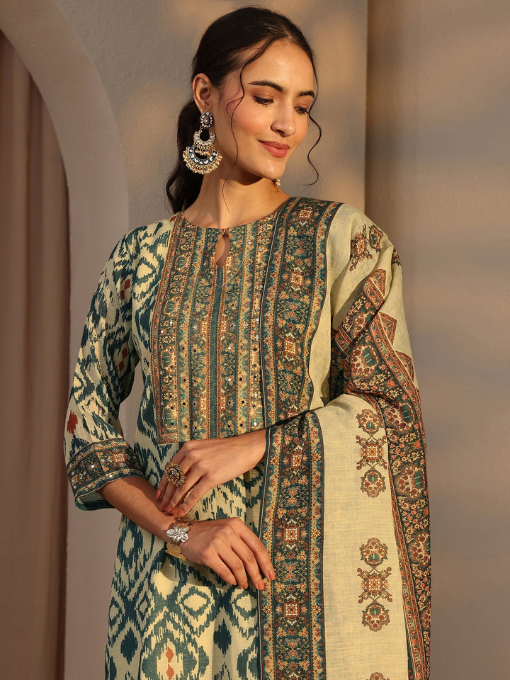 Blue Printed Cotton Blend Straight Suit Set With Dupatta