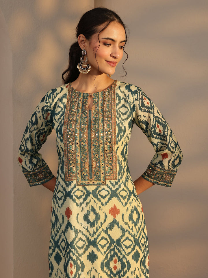 Blue Printed Cotton Blend Straight Suit Set With Dupatta