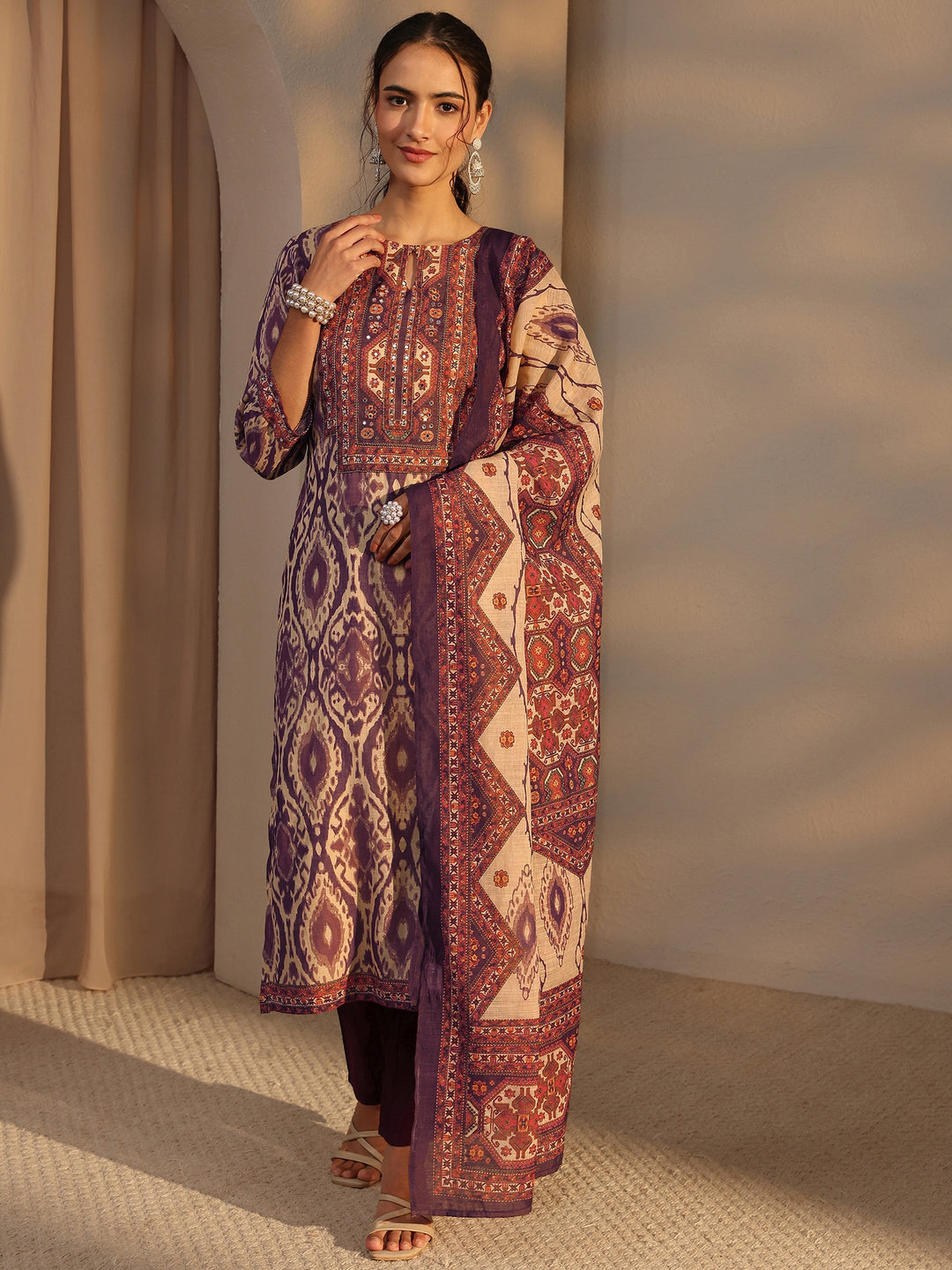 Purple Printed Cotton Blend Straight Suit Set With Dupatta