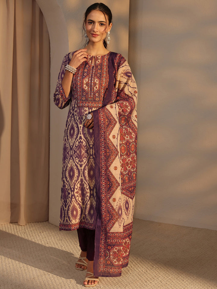 Purple Printed Cotton Blend Straight Suit Set With Dupatta