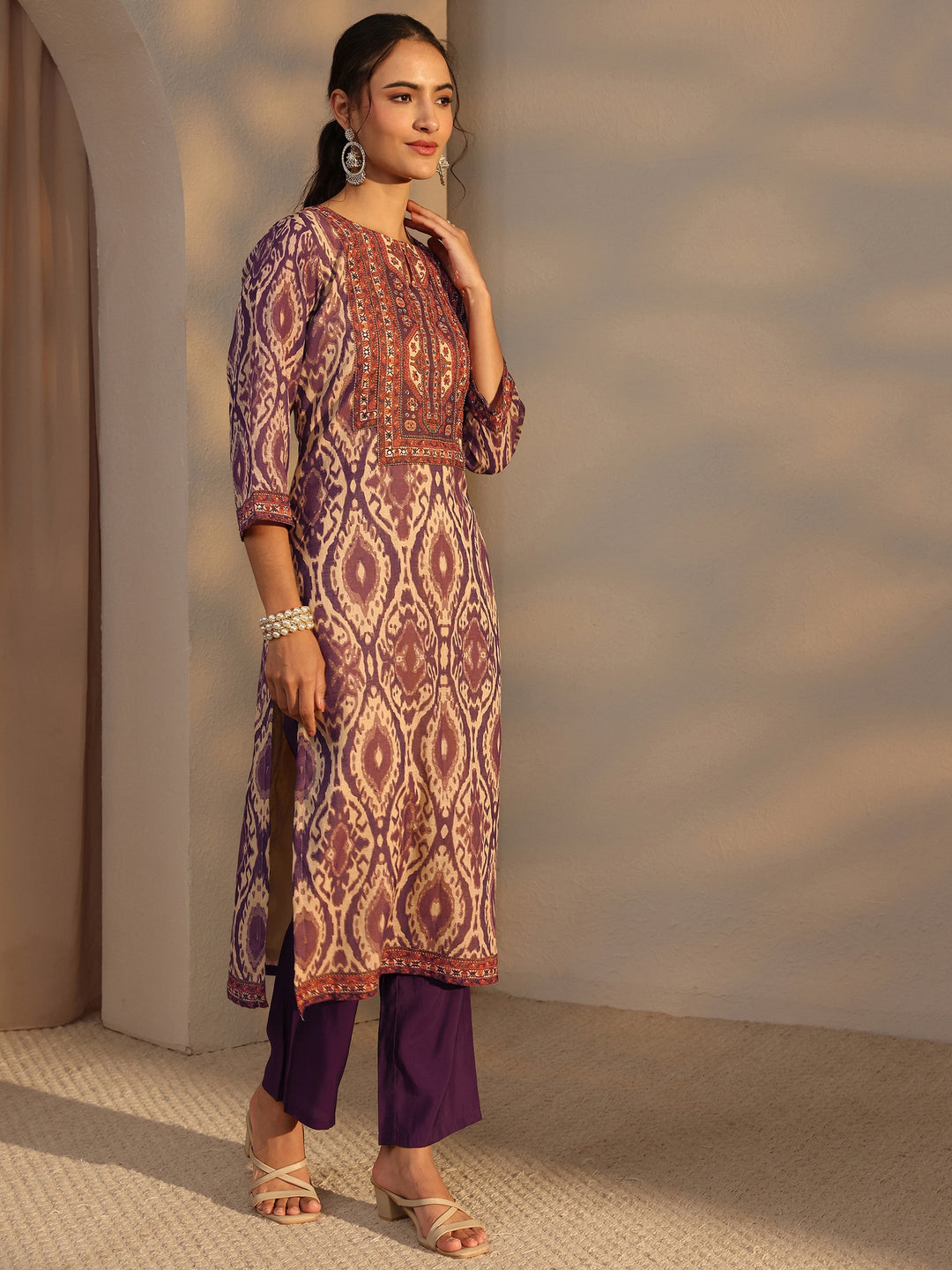 Purple Printed Cotton Blend Straight Suit Set With Dupatta