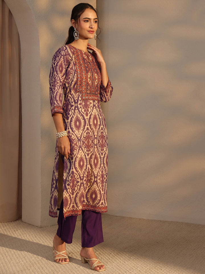 Purple Printed Cotton Blend Straight Suit Set With Dupatta