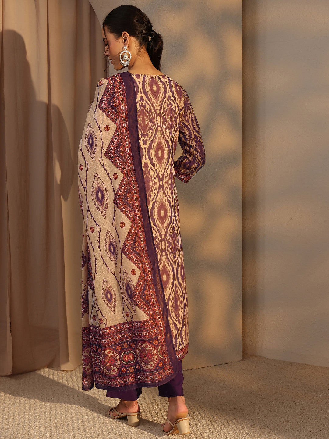 Purple Printed Cotton Blend Straight Suit Set With Dupatta