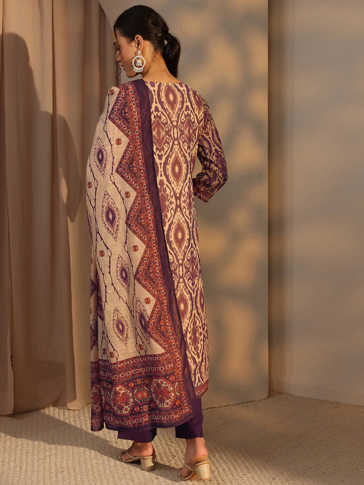 Purple Printed Cotton Blend Straight Suit Set With Dupatta