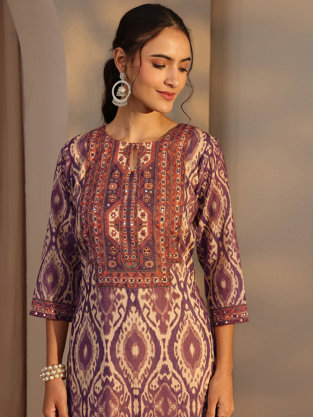 Purple Printed Cotton Blend Straight Suit Set With Dupatta