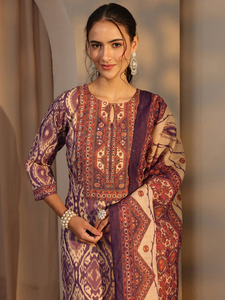 Purple Printed Cotton Blend Straight Suit Set With Dupatta