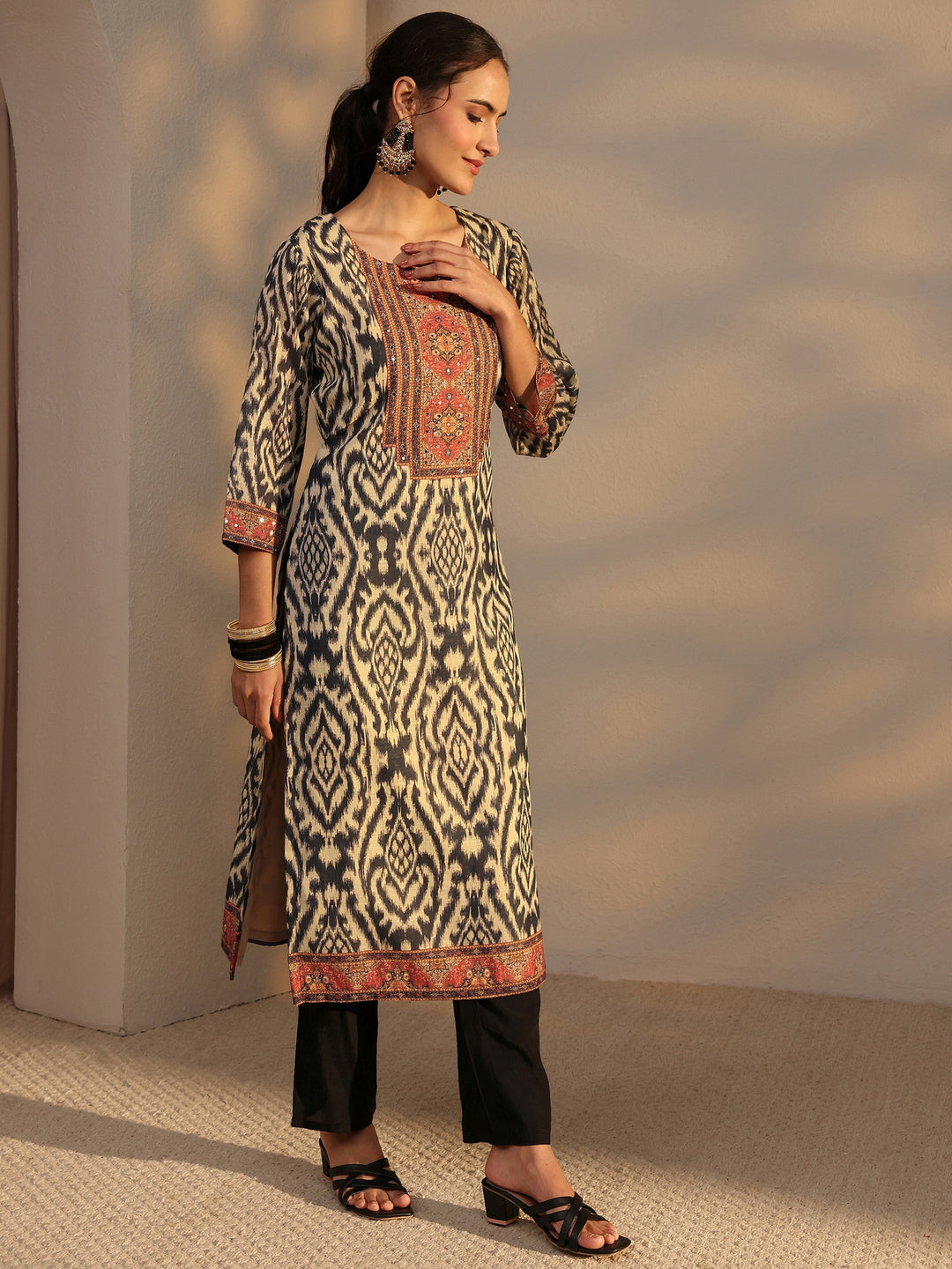 Black Printed Cotton Blend Straight Suit Set With Dupatta