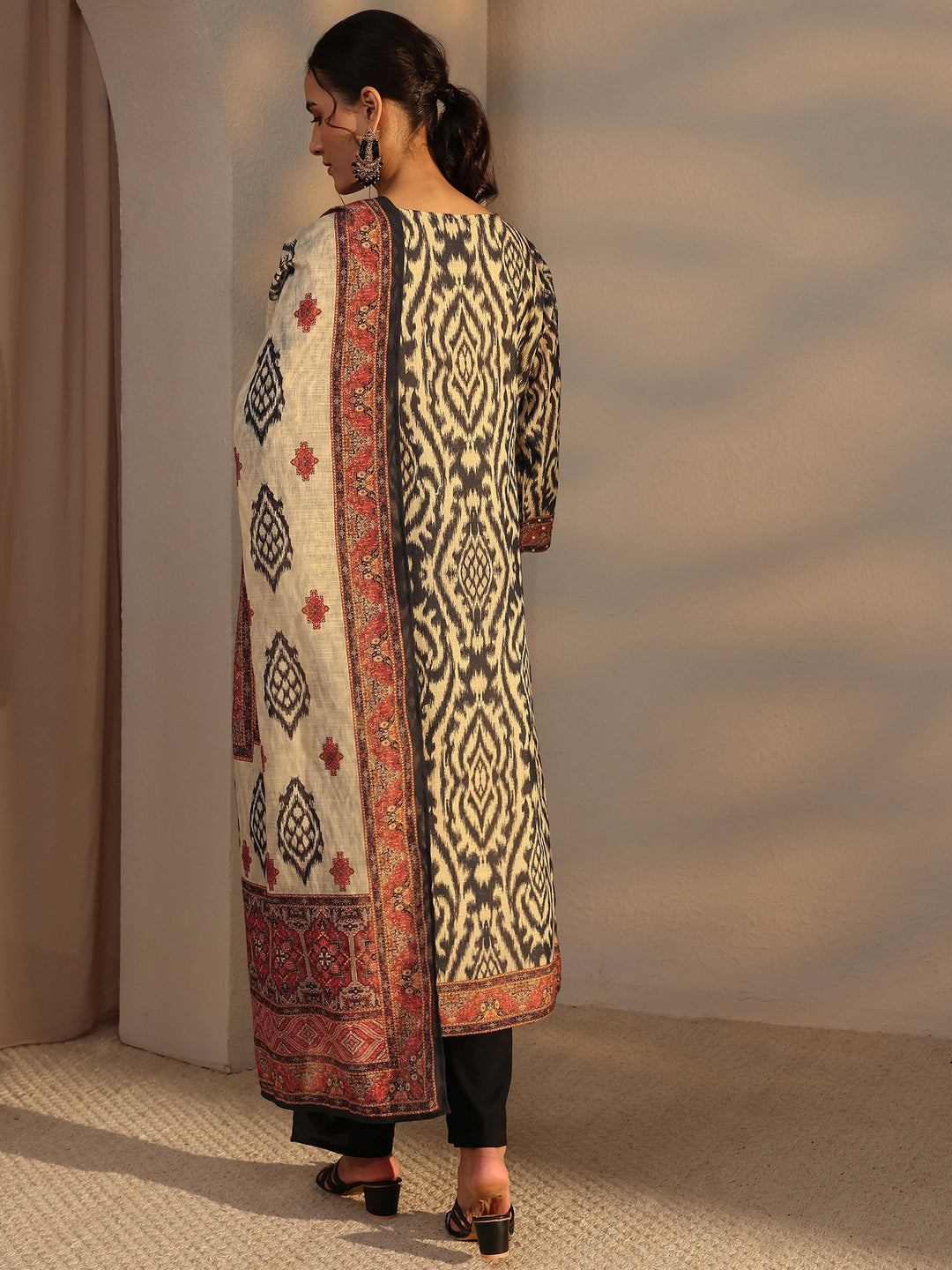 Black Printed Cotton Blend Straight Suit Set With Dupatta
