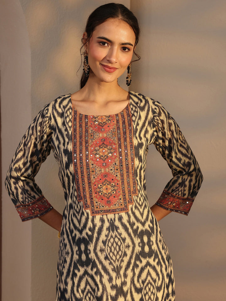 Black Printed Cotton Blend Straight Suit Set With Dupatta