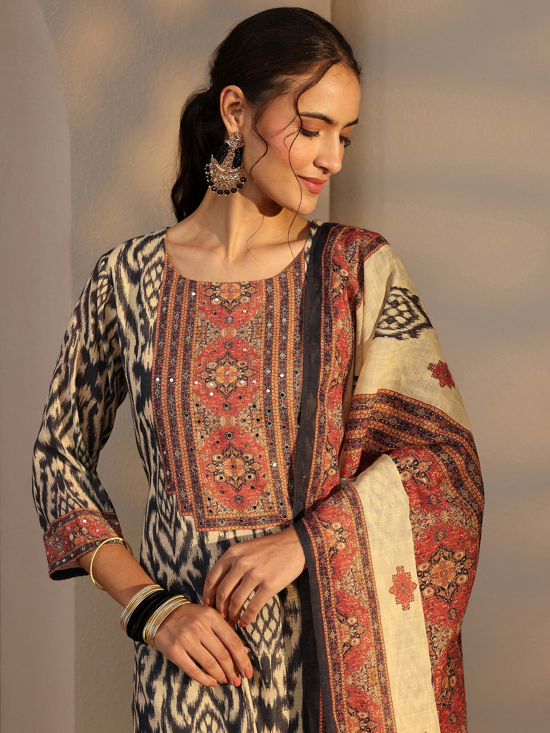 Black Printed Cotton Blend Straight Suit Set With Dupatta