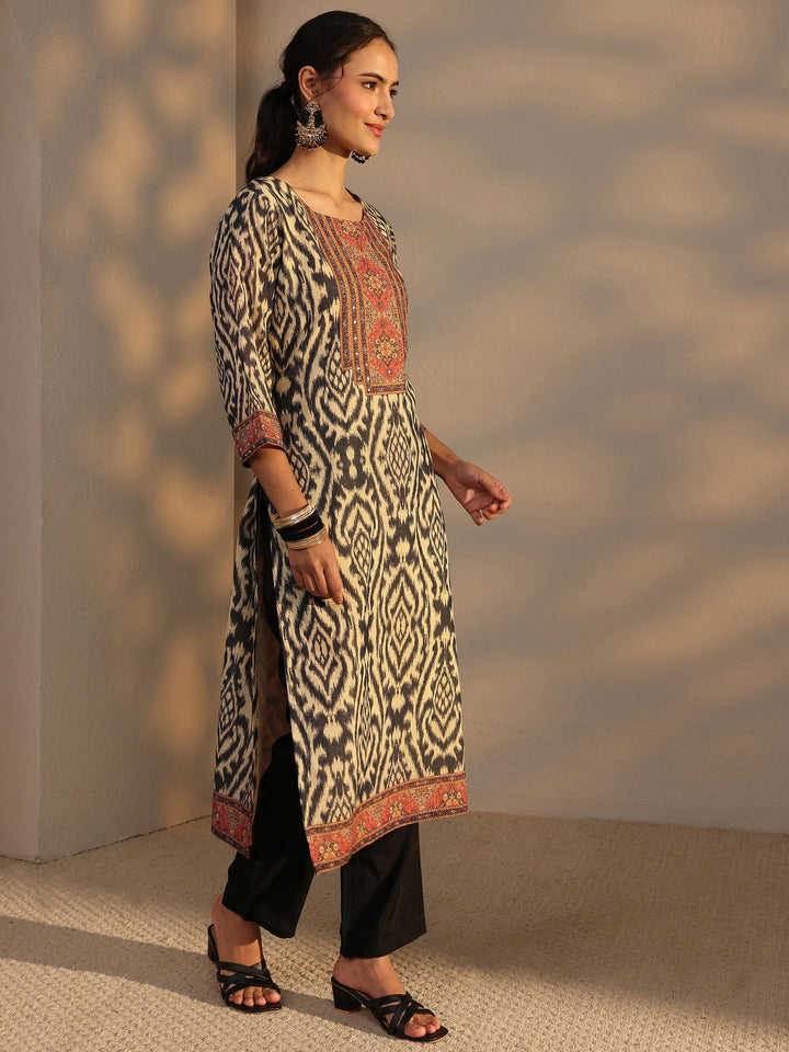 Black Printed Cotton Blend Straight Suit Set With Dupatta