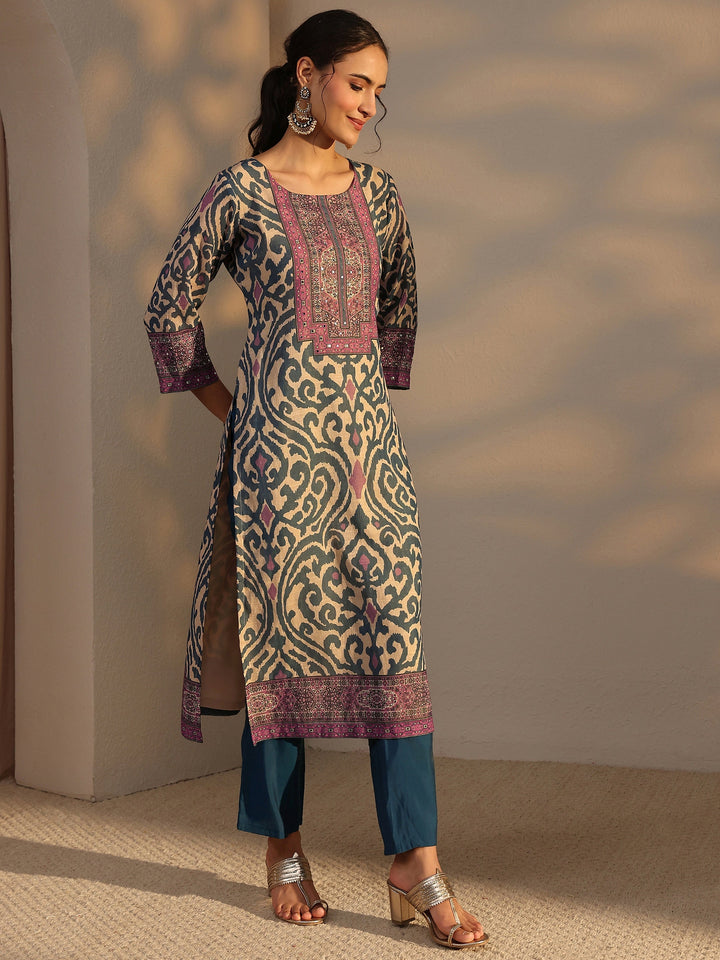 Blue Printed Cotton Blend Straight Suit Set With Dupatta