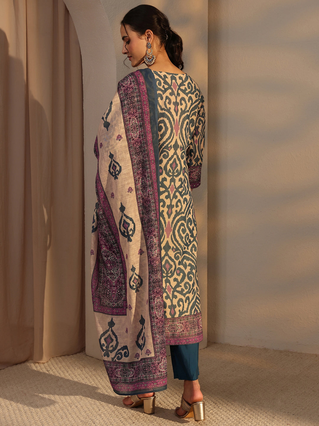 Blue Printed Cotton Blend Straight Suit Set With Dupatta